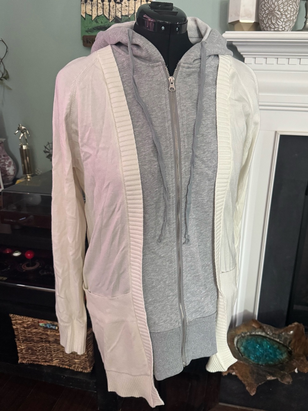 Central Park West Cream Open-Front Cardigan with Gray Hoodie Layered Look